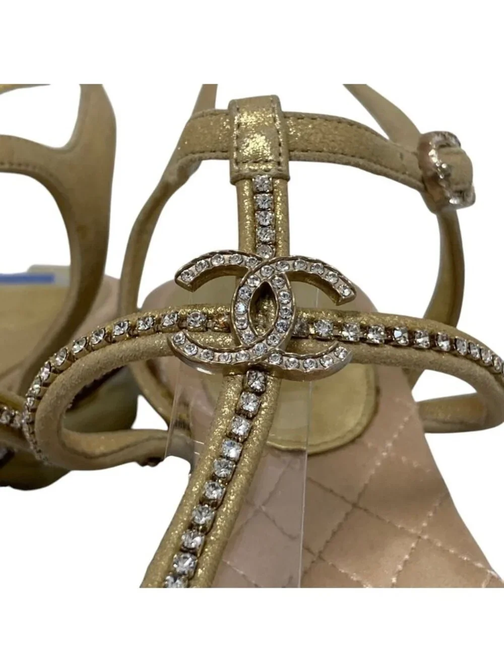 Chanel CC Logo Rhinestone Ankle Strap Flat Sandals 37C Gold